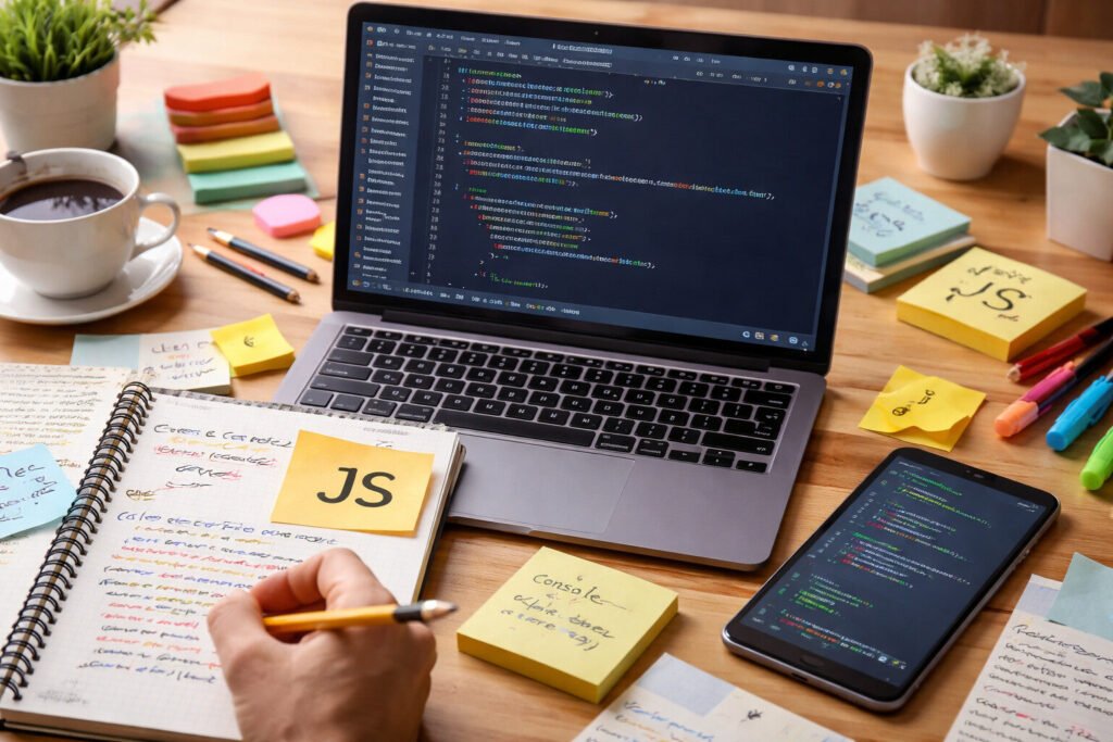 A modern workspace showing a laptop with JavaScript code, handwritten programming notes, sticky notes, and a smartphone, representing a beginner’s journey learning JavaScript.