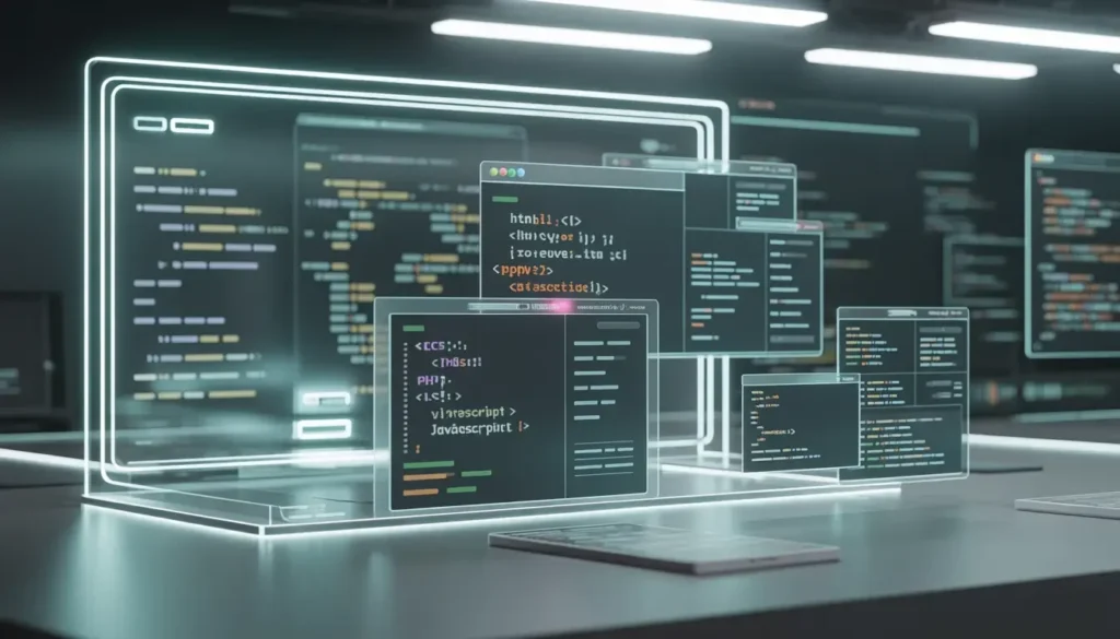 A computer screen displaying various programming codes in different languages and formats.